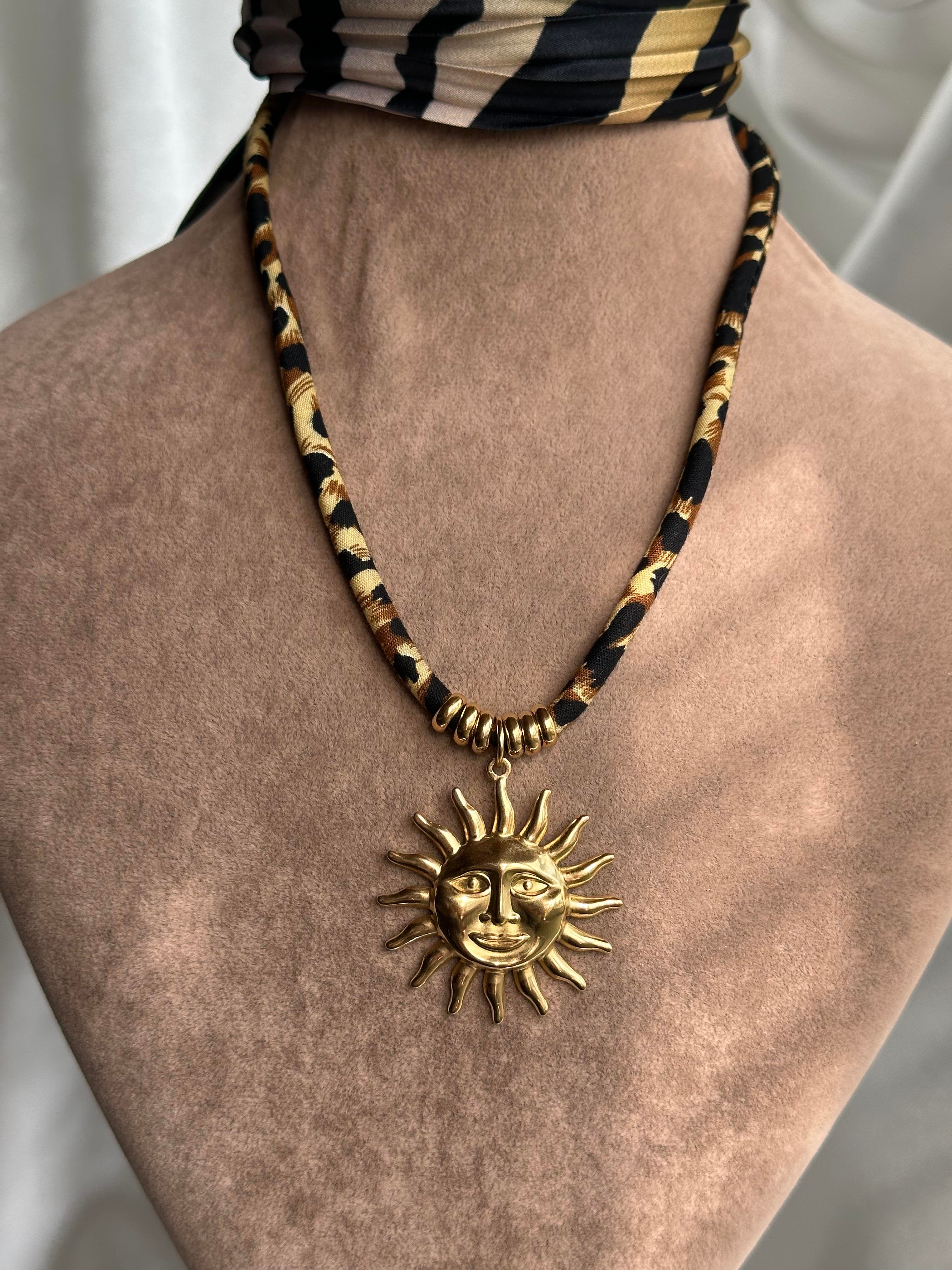 Leopar Kumaş Kordon & Güneş Çelik Kolye Gold