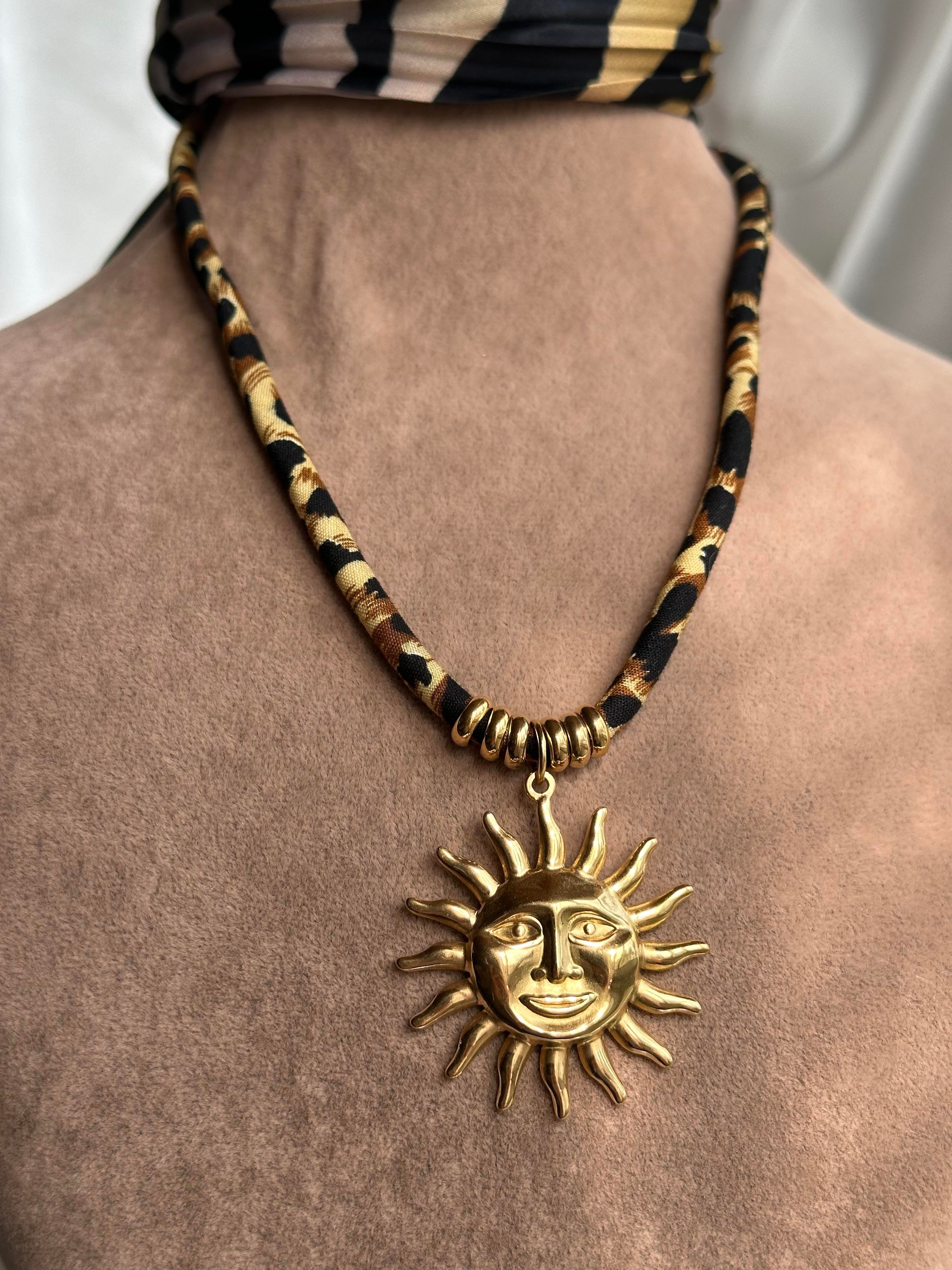Leopar Kumaş Kordon & Güneş Çelik Kolye Gold
