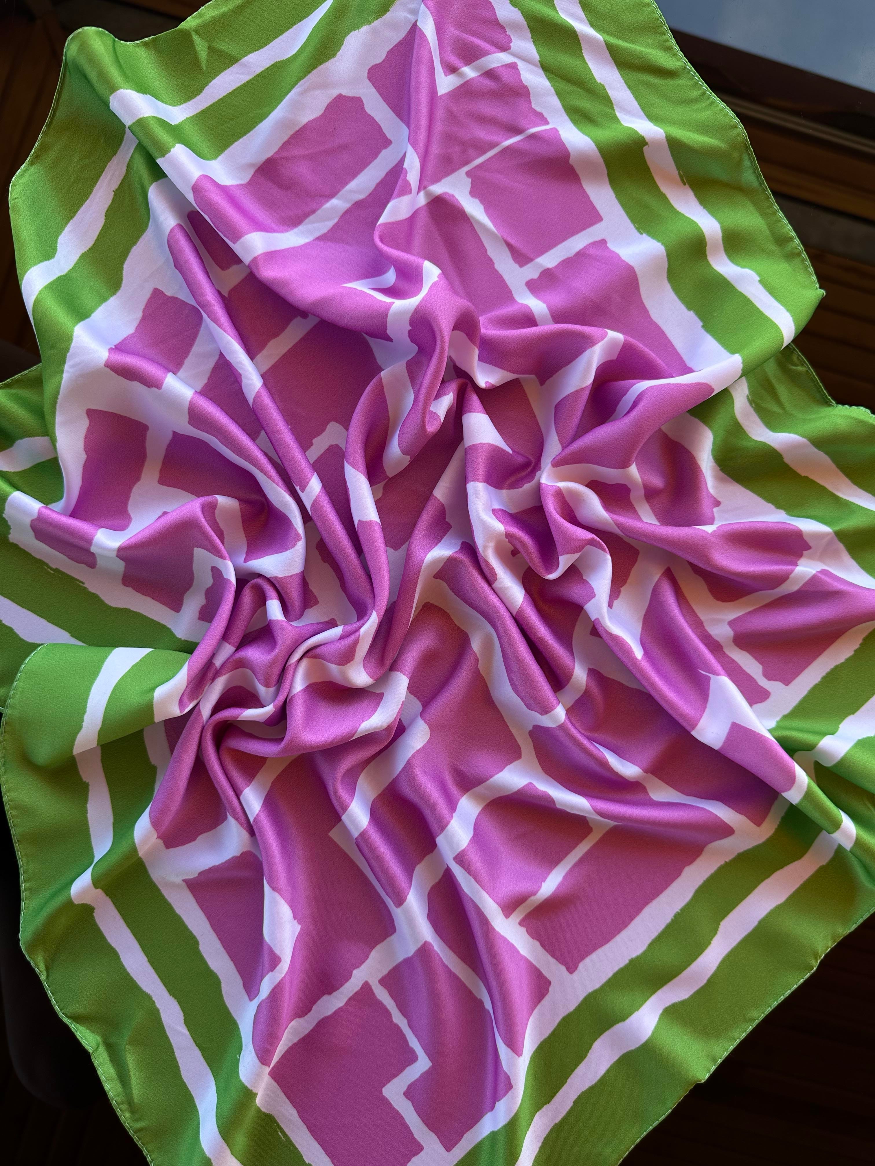 Pembe&Yeşil Geometrik Desen Saten Fular