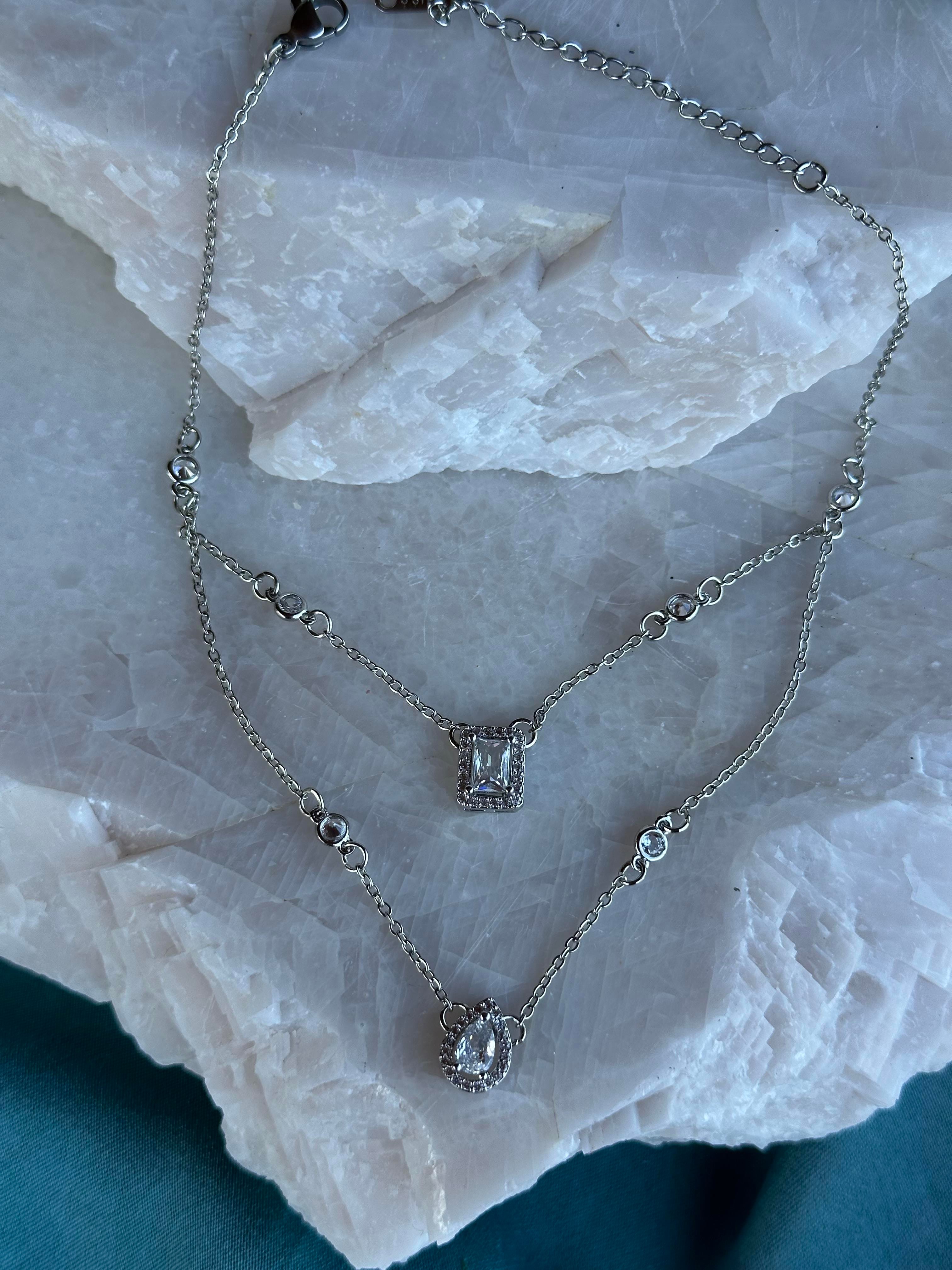 Premium Tasarım Baget & Zirkon Taşlı İkili Zincir 316L Çelik Halhal Silver