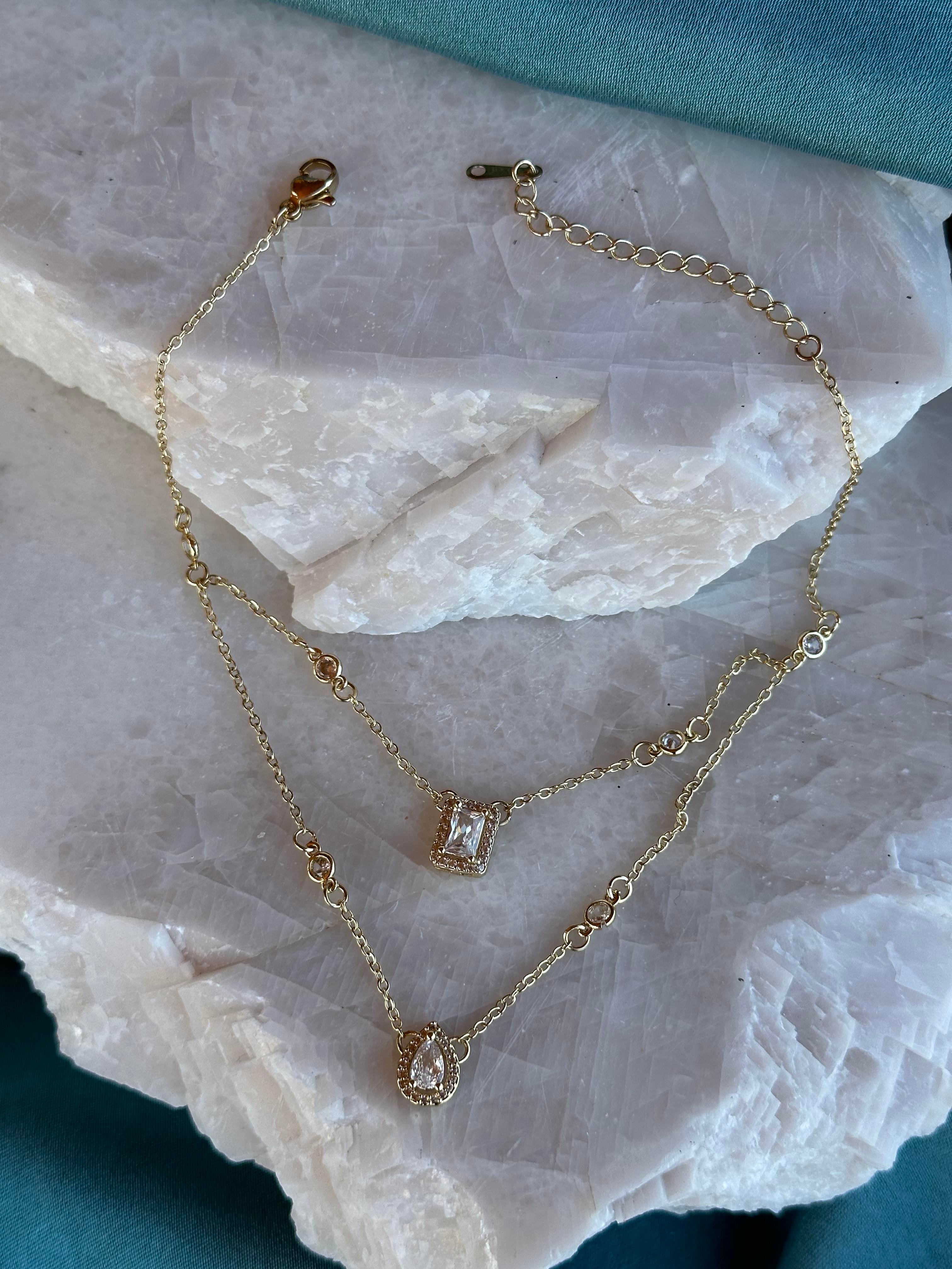 Premium Tasarım Baget & Zirkon Taşlı İkili Zincir 316L Çelik Halhal Gold
