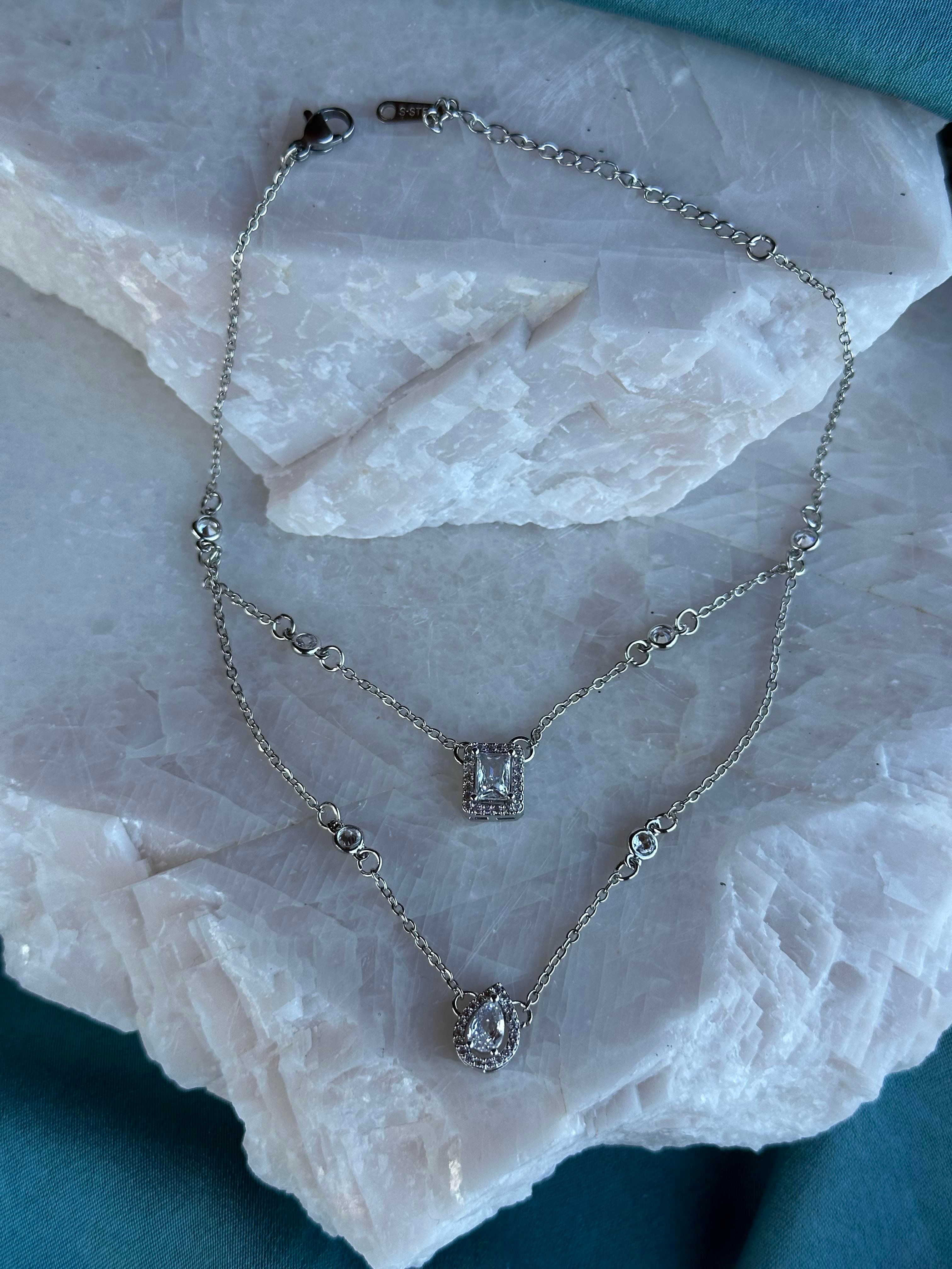 Premium Tasarım Baget & Zirkon Taşlı İkili Zincir 316L Çelik Halhal Silver