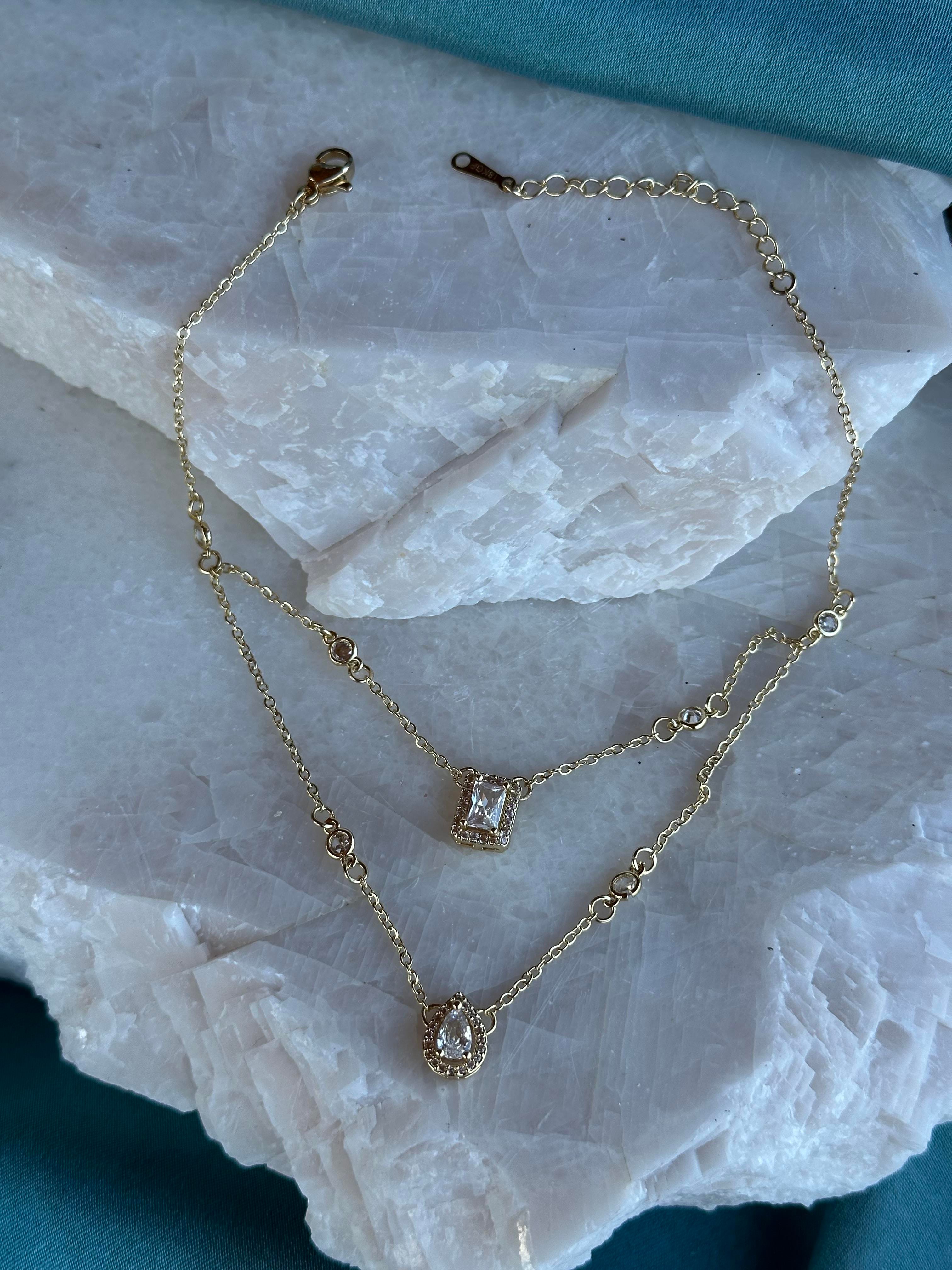 Premium Tasarım Baget & Zirkon Taşlı İkili Zincir 316L Çelik Halhal Gold