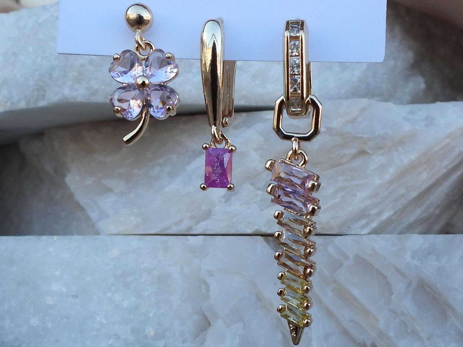 Renkli Baget & Zirkon Taş 3 lü Set Çelik Küpe Pembe-Lila
