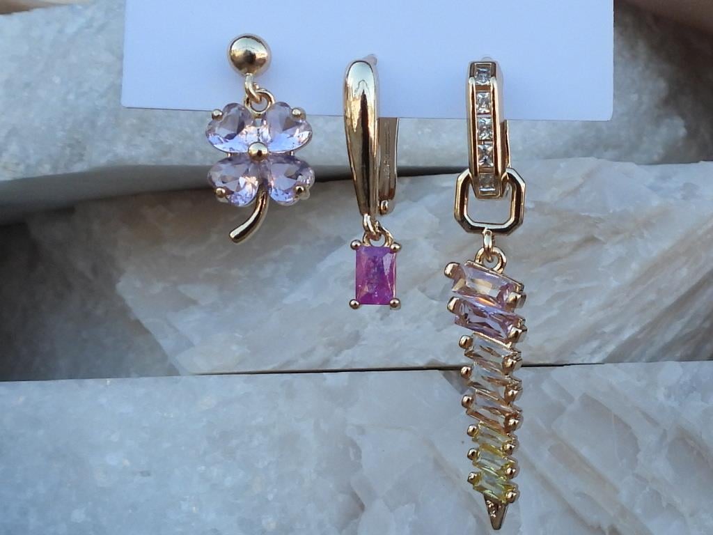 Renkli Baget & Zirkon Taş 3 lü Set Çelik Küpe Pembe-Lila