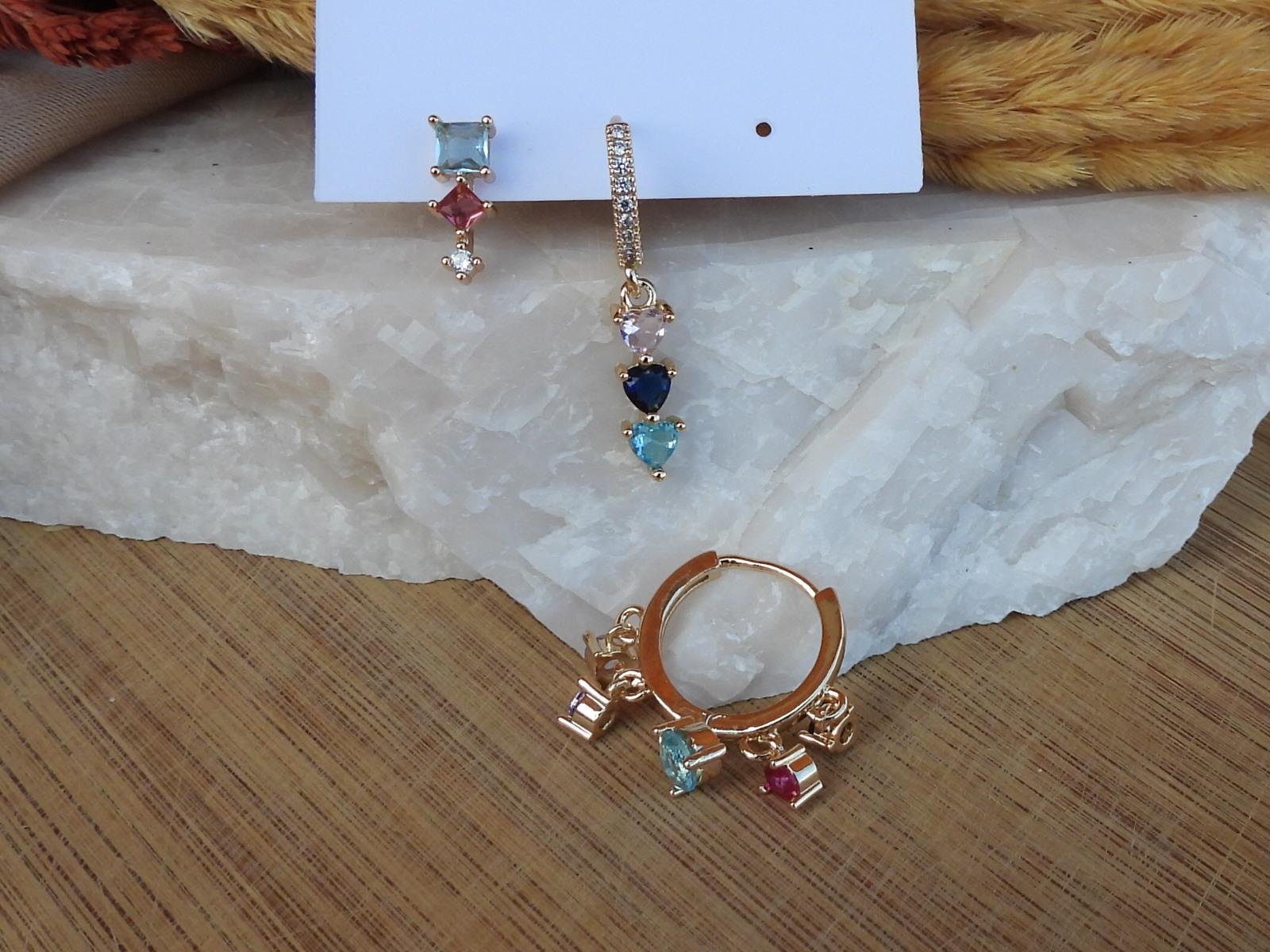 Renkli Baget & Zirkon Taş 3 lü Set Çelik Küpe