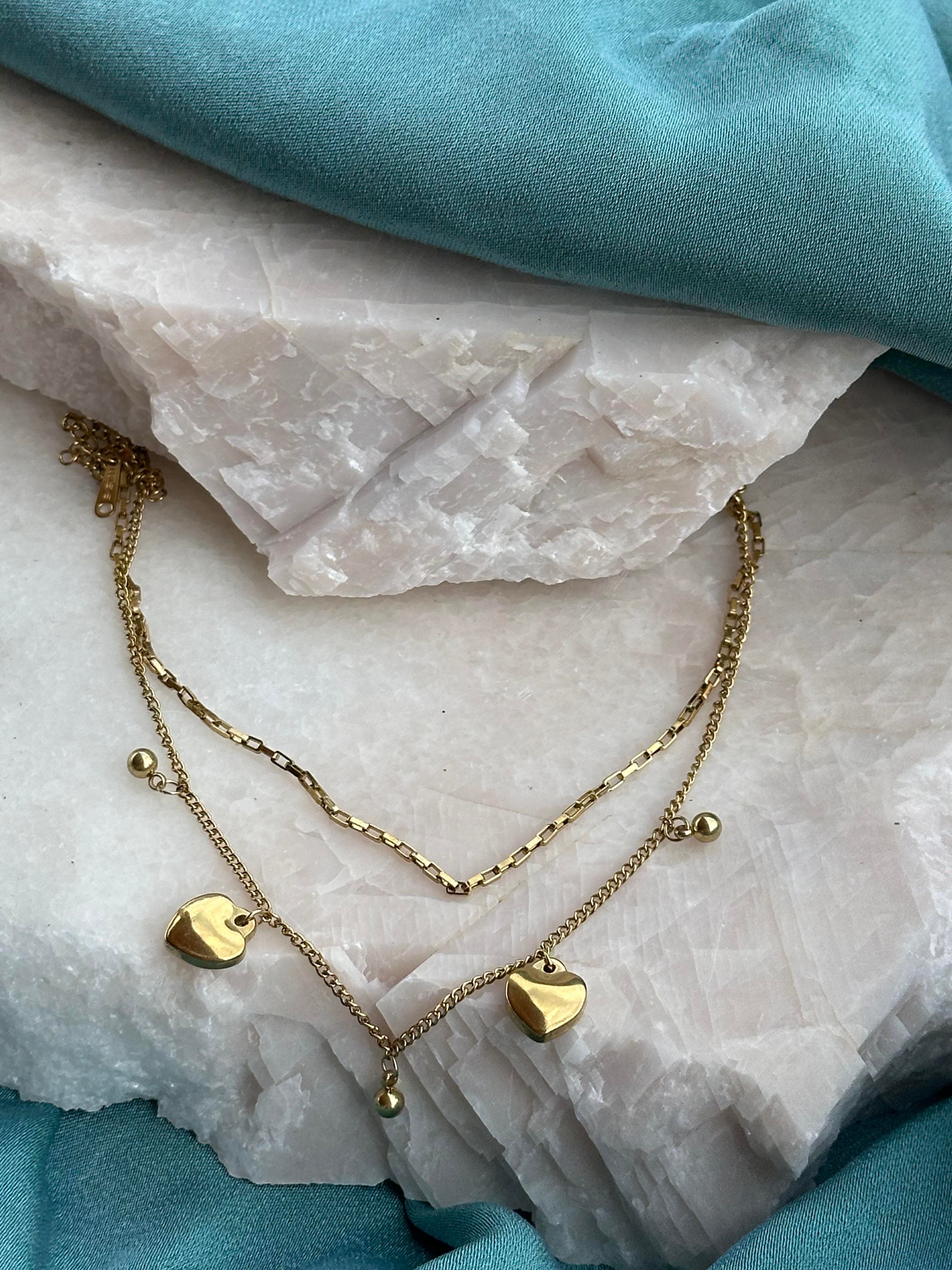 Silver Çift Zincir & Kalp Figür 316L Çelik Halhal