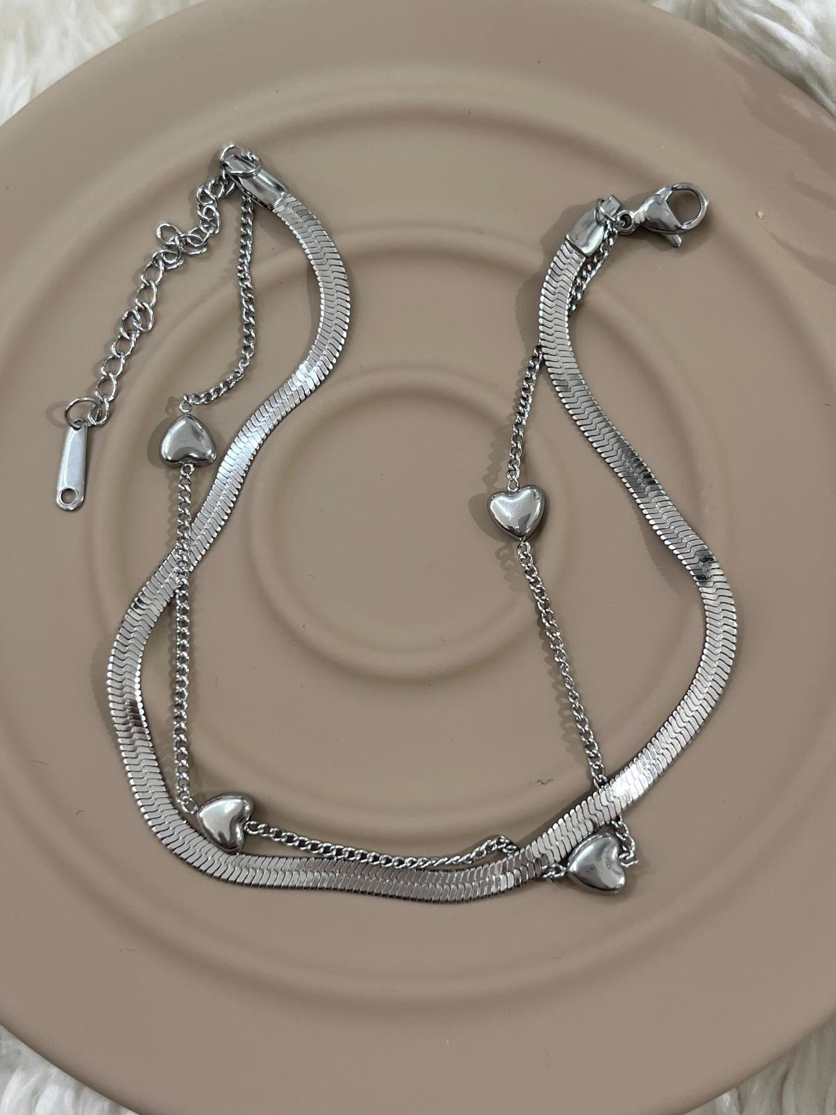 Silver İtalyan Zincir & Kalp Figür 316L Çelik Halhal