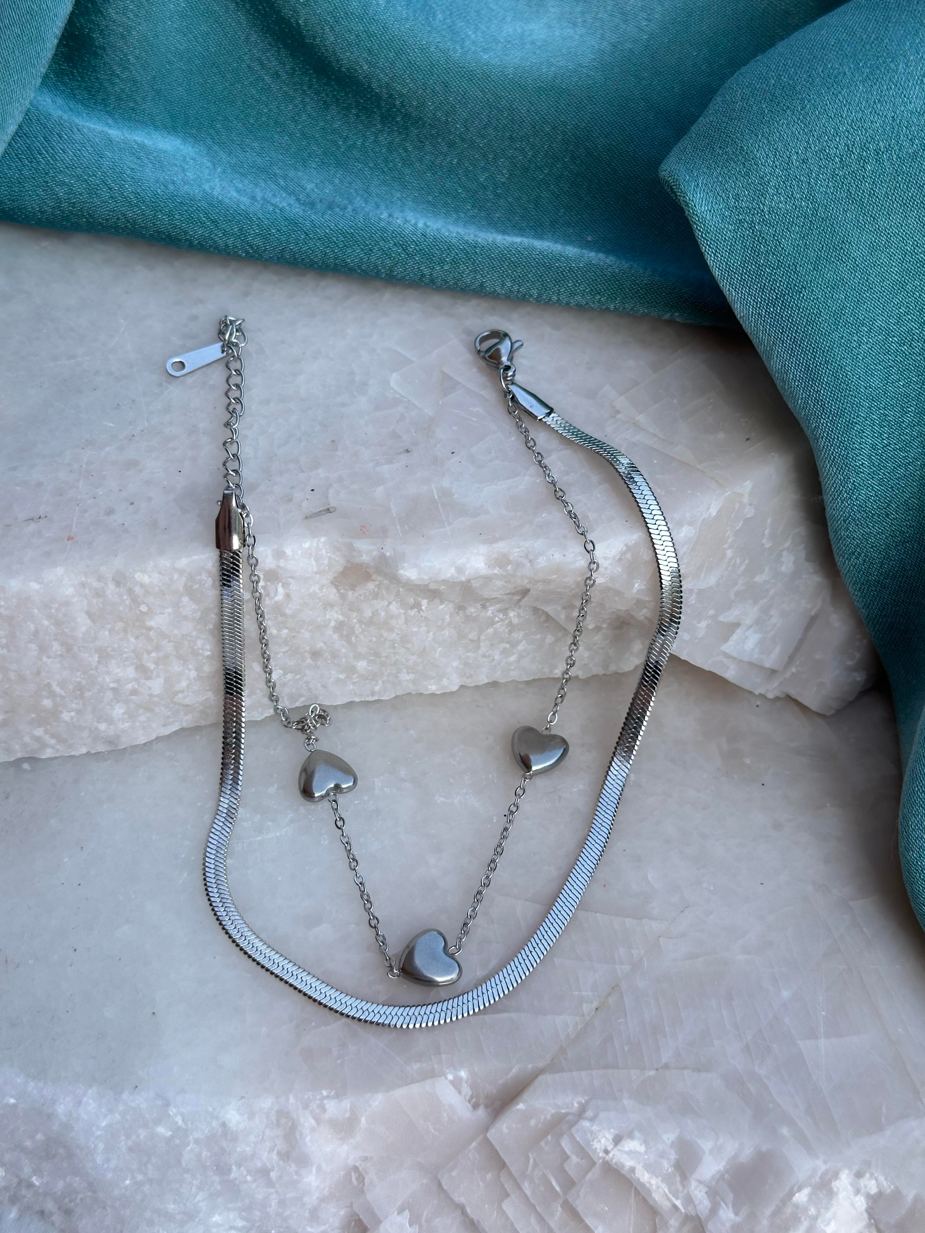 Silver İtalyan Zincir & Kalp Figür 316L Çelik Halhal