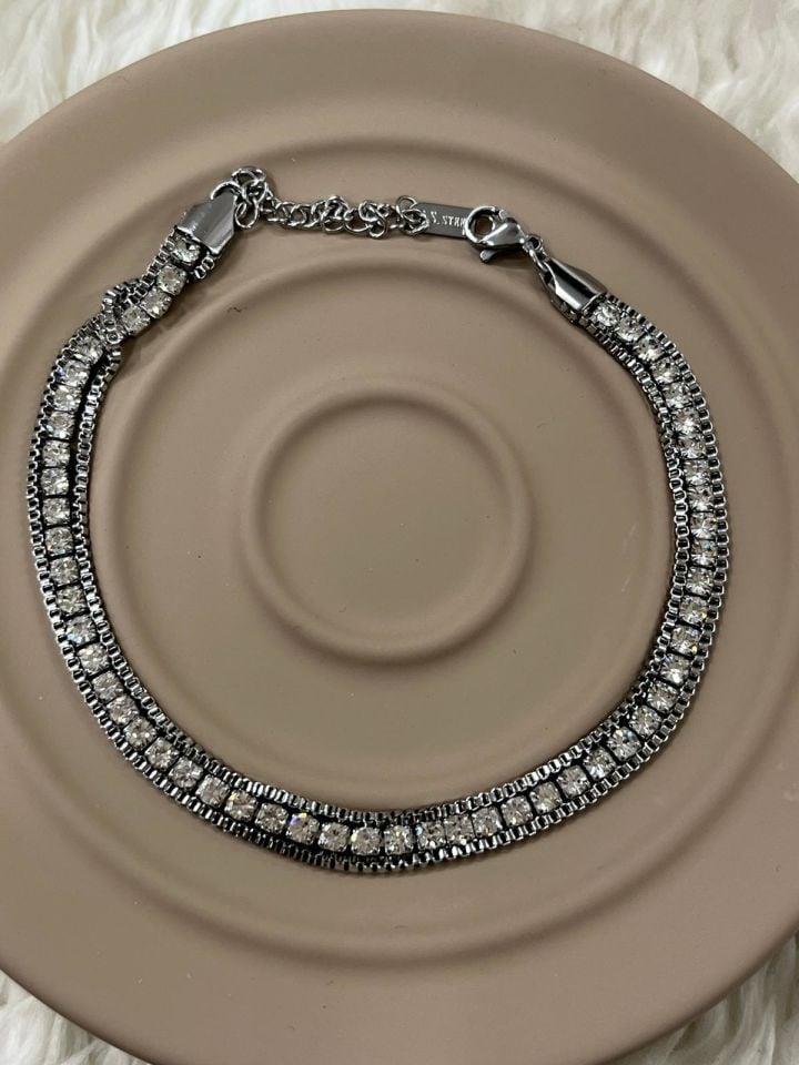 Silver Zirkon Taşlı Suyolu 316L Çelik Halhal