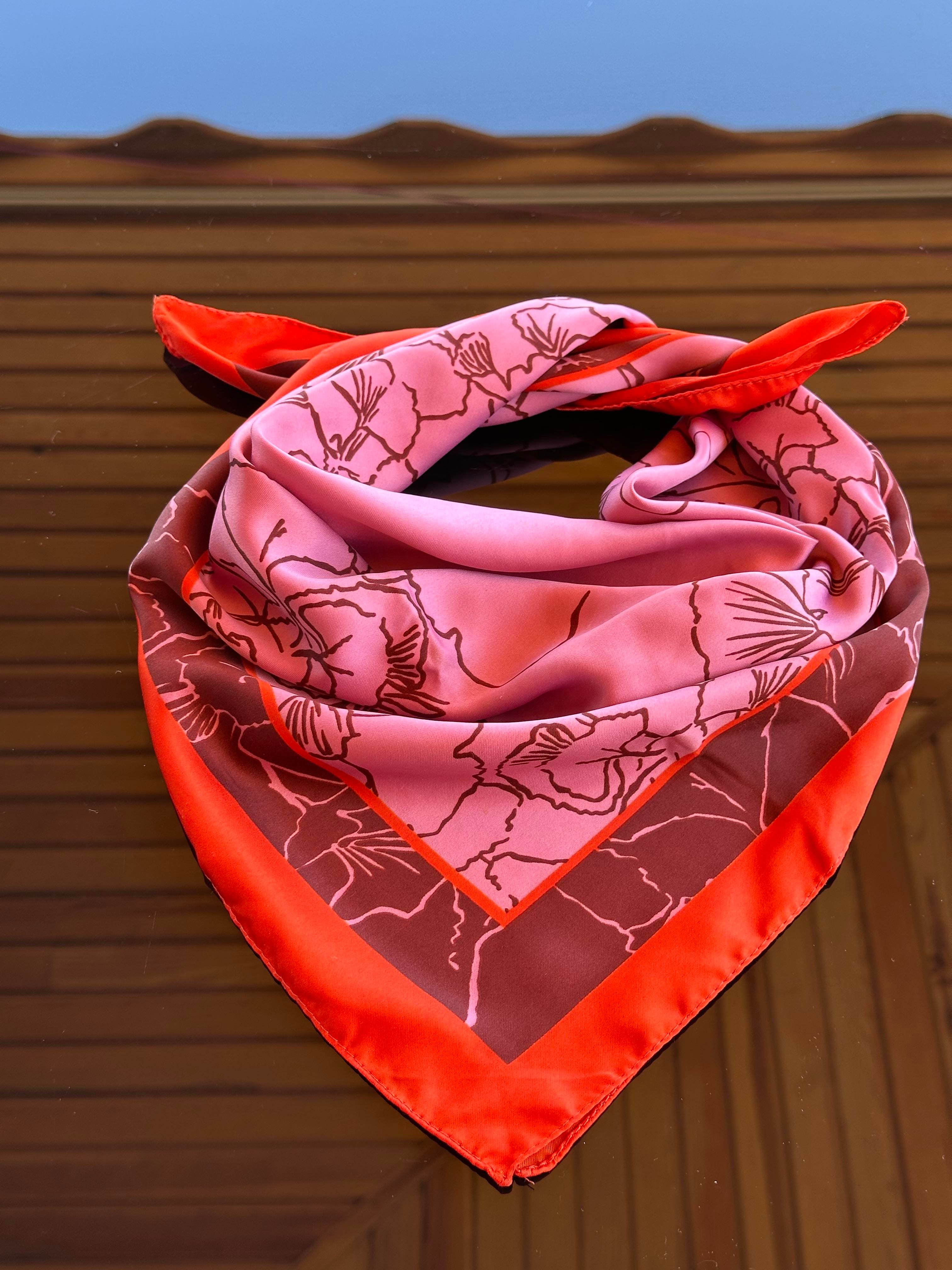 Somon&Pembe Şal Desen Saten Fular