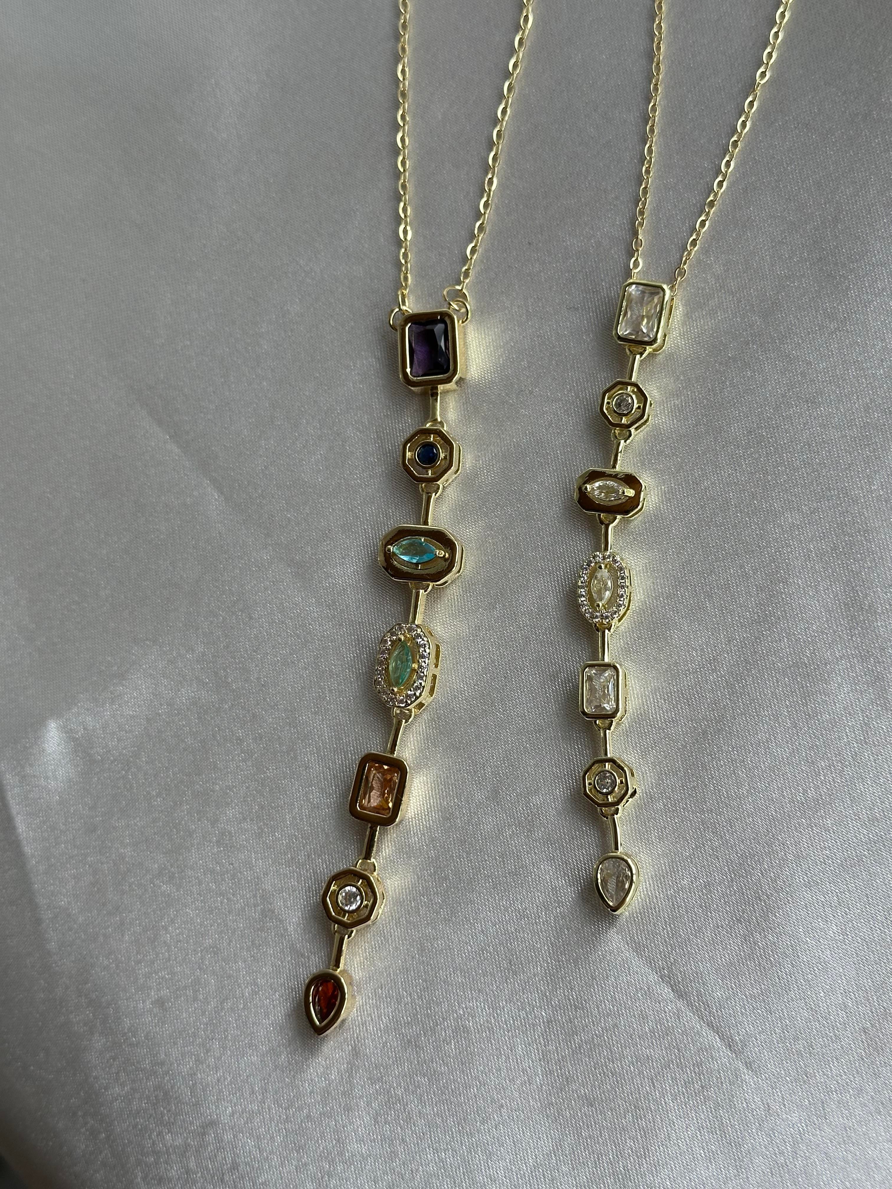 Zirkon & Baget Taş 7 Element Çelik Kolye Gold