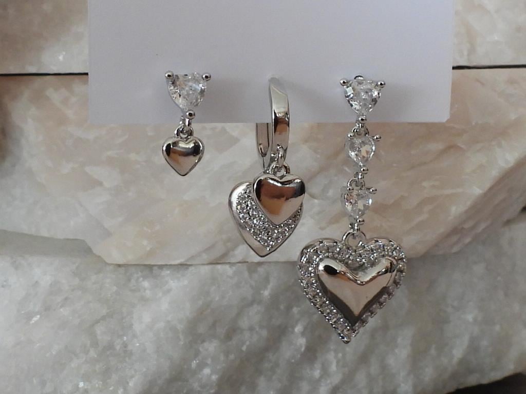 Zirkon & Baget Taşlı Kalp 3 lü Set Çelik-YSX Küpe Silver