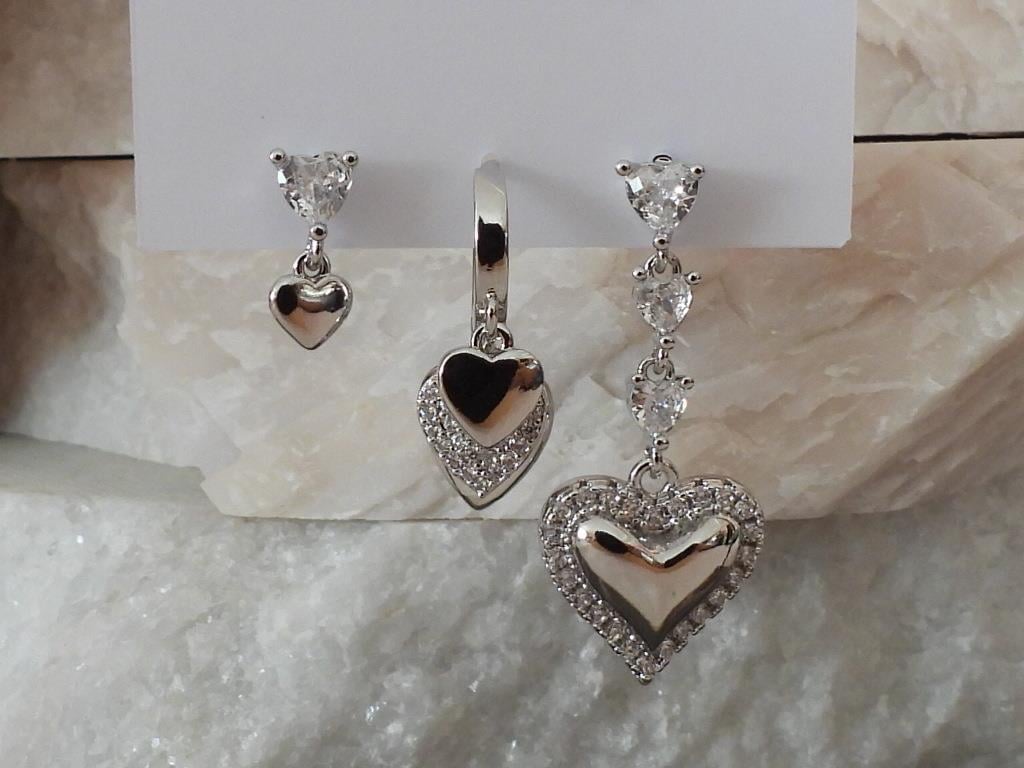 Zirkon & Baget Taşlı Kalp 3 lü Set Çelik-YSX Küpe Silver