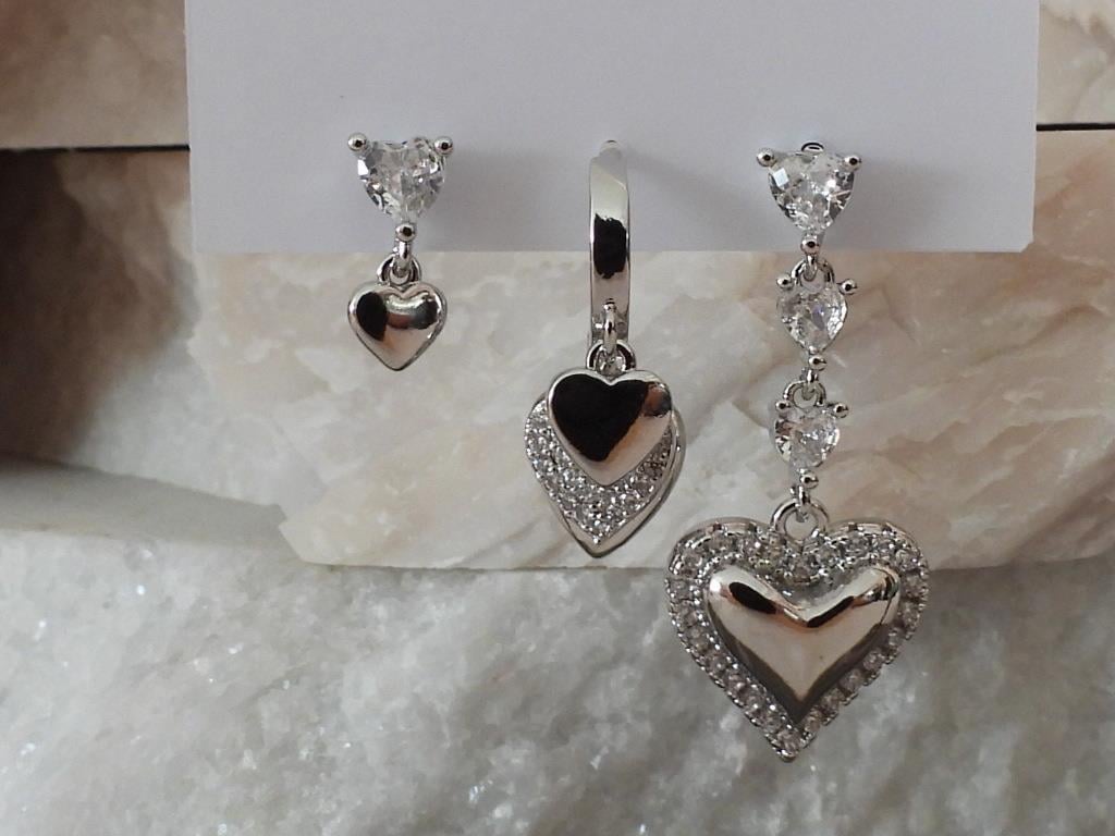 Zirkon & Baget Taşlı Kalp 3 lü Set Çelik-YSX Küpe Silver
