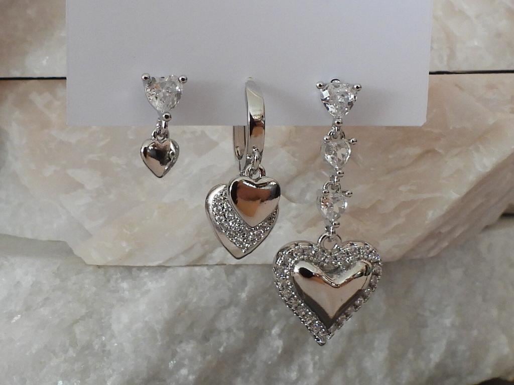 Zirkon & Baget Taşlı Kalp 3 lü Set Çelik-YSX Küpe Silver
