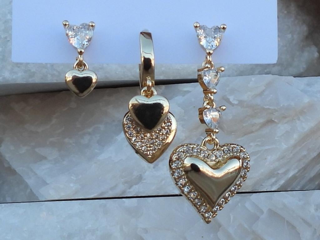 Zirkon & Baget Taşlı Kalp 3 lü Set Çelik Küpe