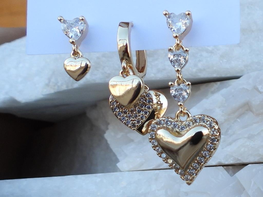 Zirkon & Baget Taşlı Kalp 3 lü Set Çelik Küpe