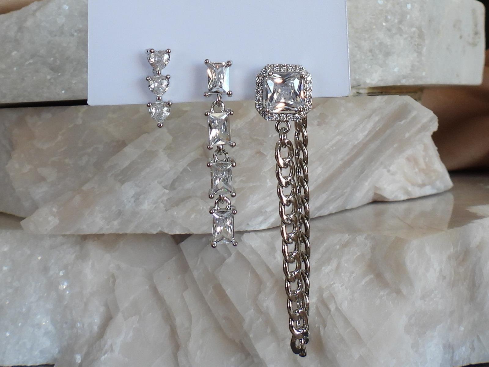 Zirkon & Baget Taşlı Zincir Model 3 lü Set Çelik-YSX Küpe Gold
