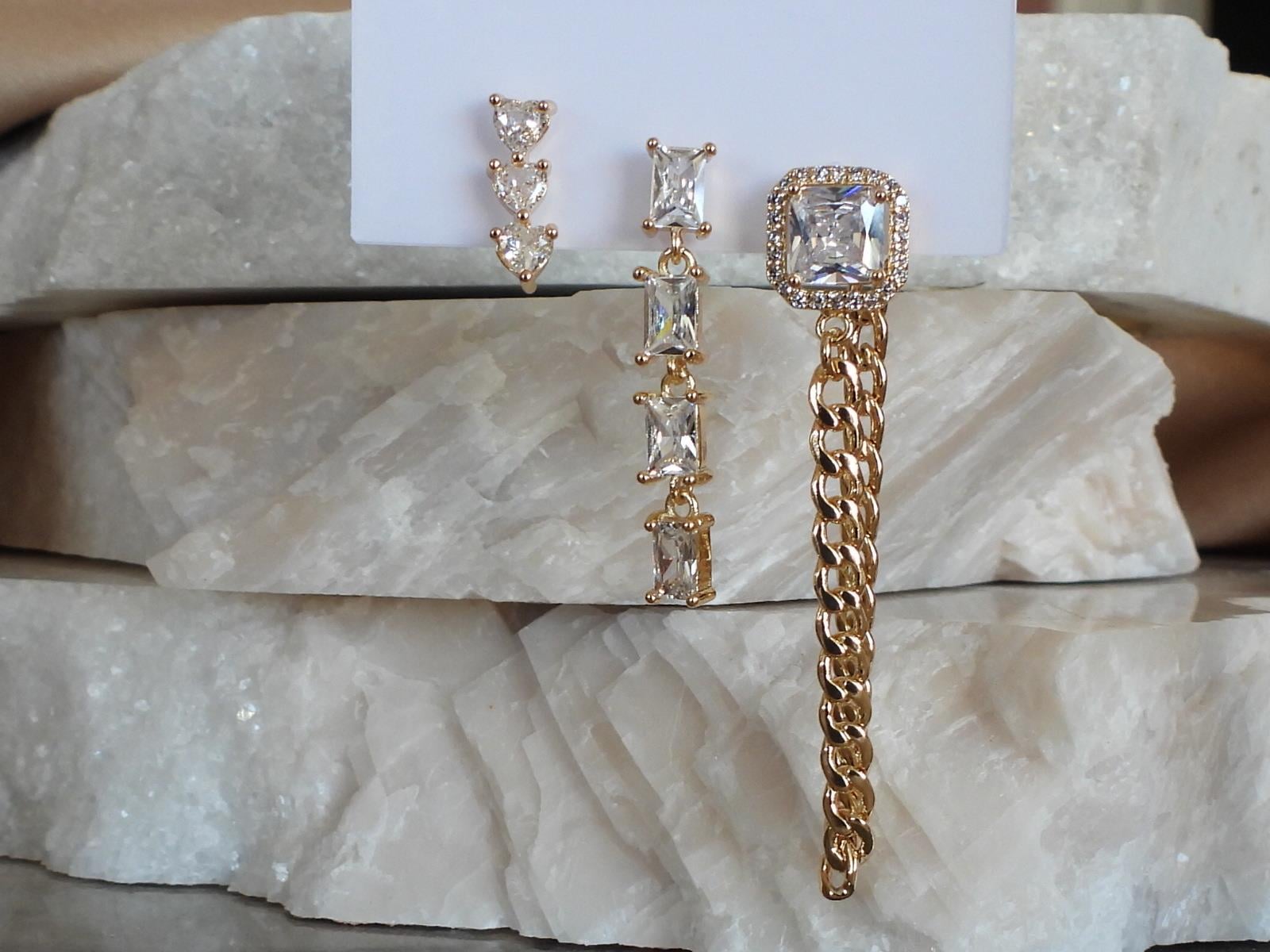 Zirkon & Baget Taşlı Zincir Model 3 lü Set Çelik-YSX Küpe Gold