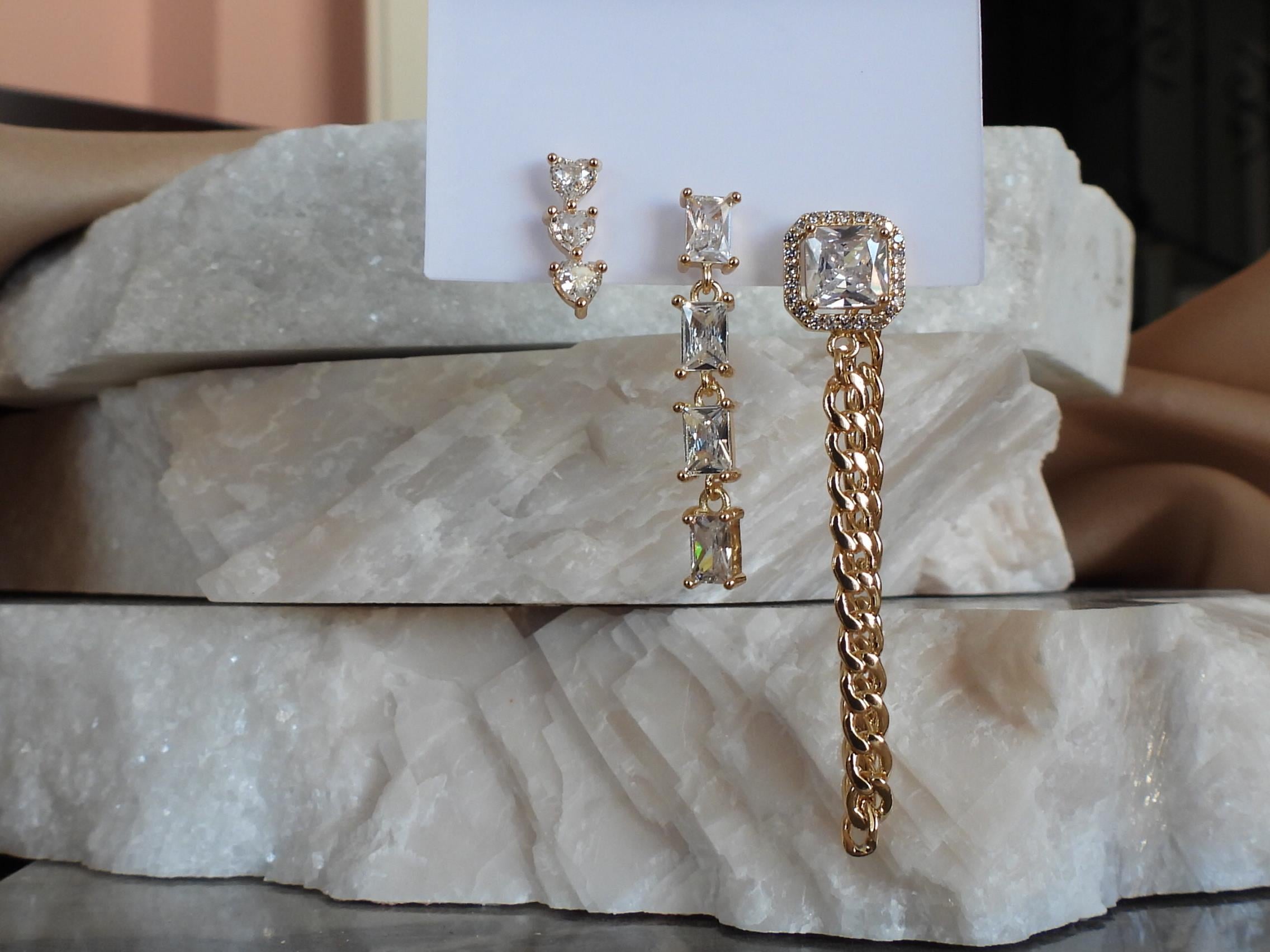 Zirkon & Baget Taşlı Zincir Model 3 lü Set Çelik-YSX Küpe Gold