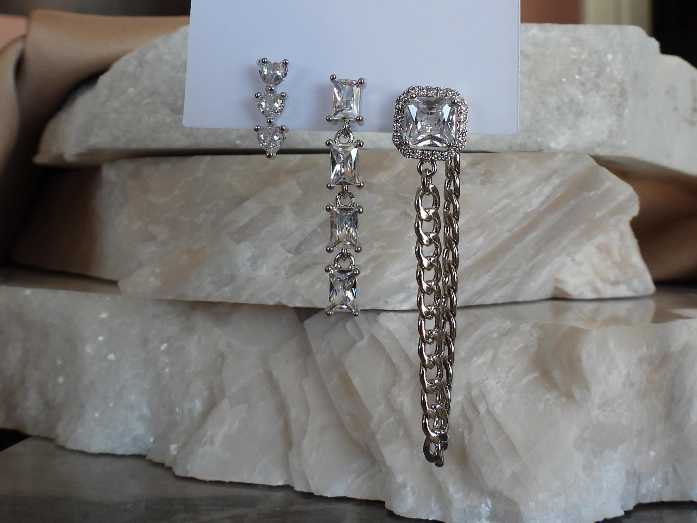 Zirkon & Baget Taşlı Zincir Model 3 lü Set Çelik-YSX Küpe Silver
