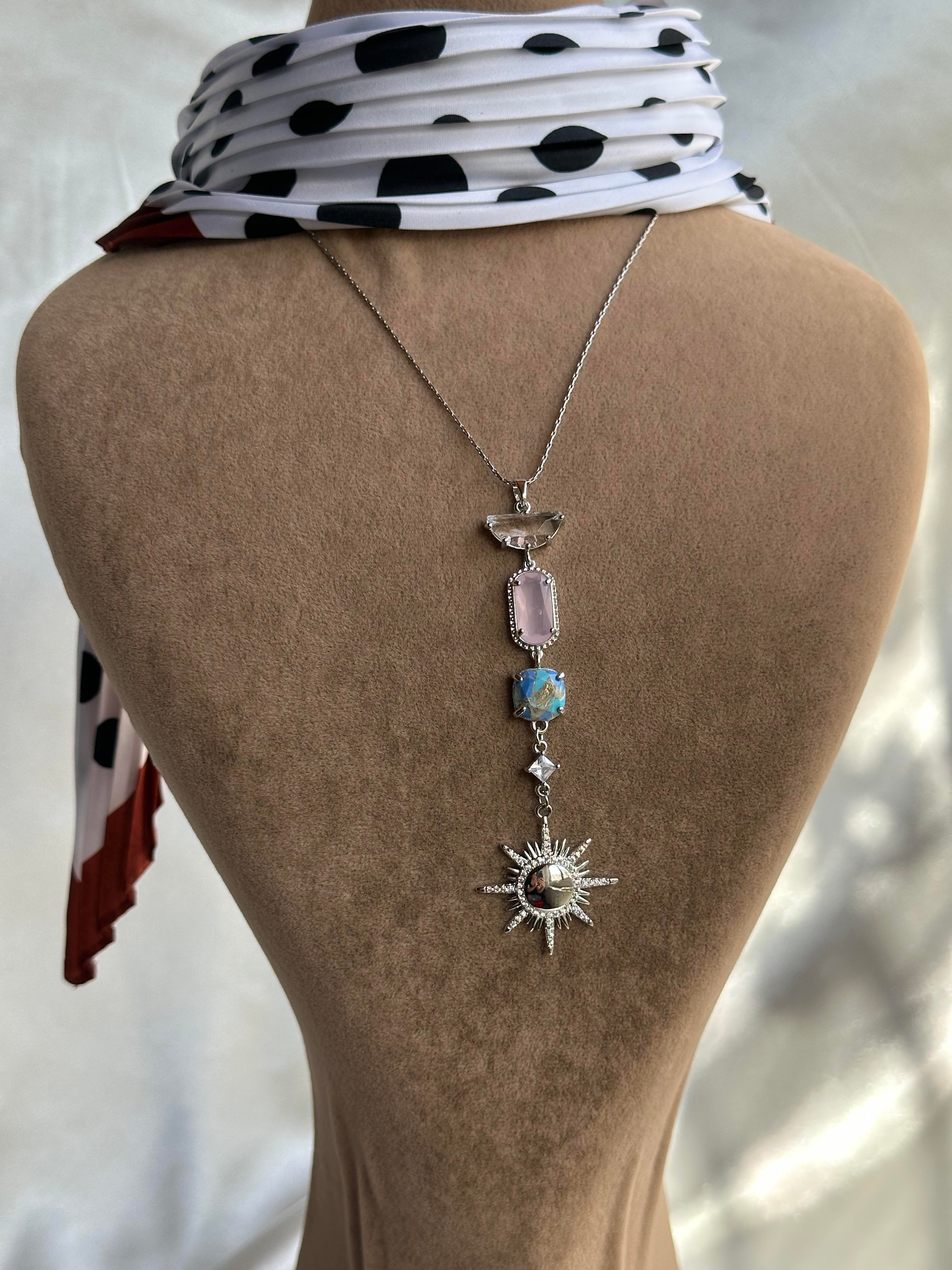 Zirkon & Renkli Baget Taş Güneş Yolu Çelik Kolye Silver