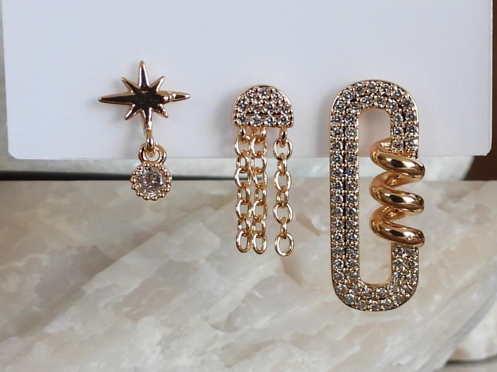 Zirkon Taşlı Burgu Ataç 3lü Set Çelik-YSX Küpe Gold