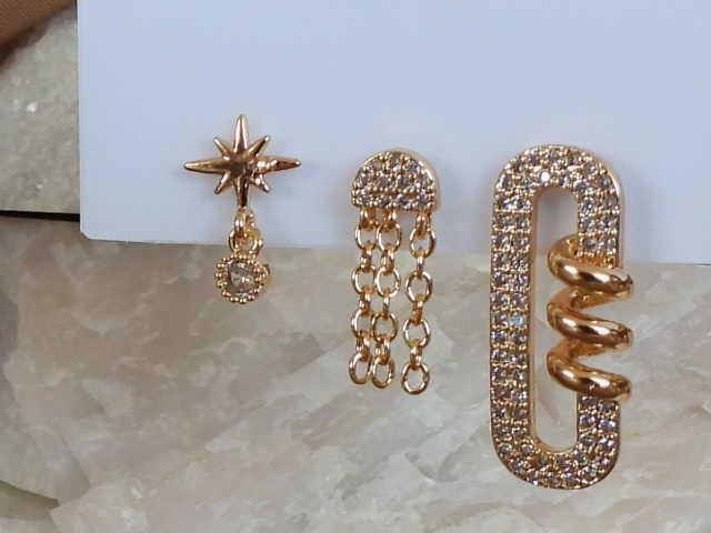 Zirkon Taşlı Burgu Ataç 3lü Set Çelik-YSX Küpe Gold