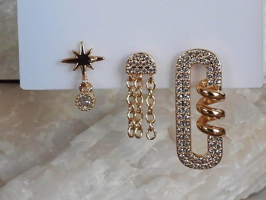 Zirkon Taşlı Burgu Ataç 3lü Set Çelik-YSX Küpe Gold