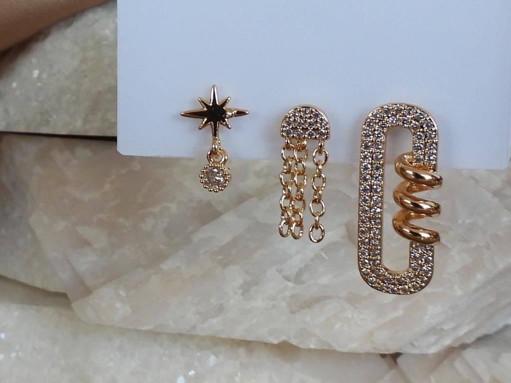 Zirkon Taşlı Burgu Ataç 3lü Set Çelik-YSX Küpe Gold