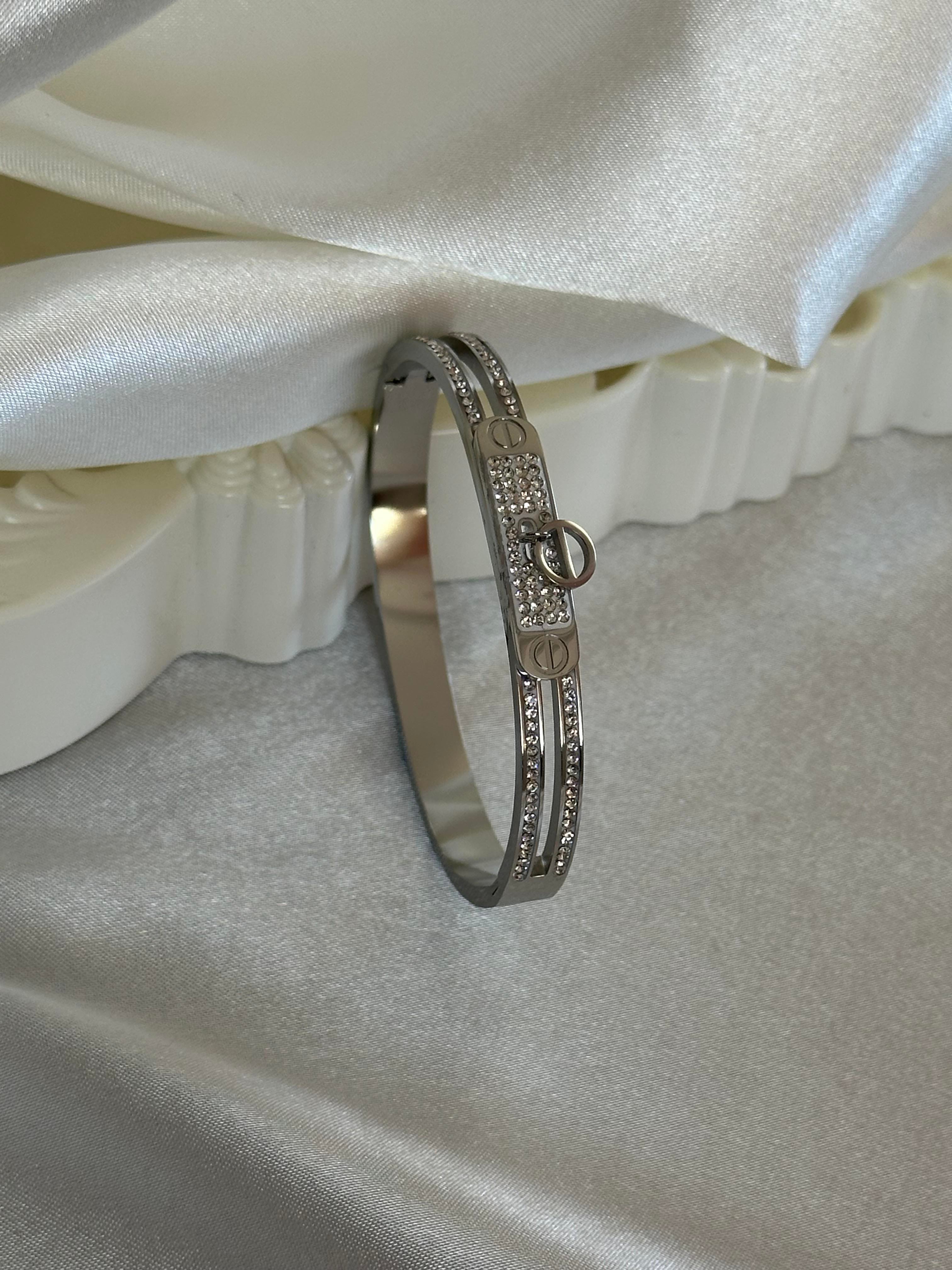 Zirkon Taşlı Cartier Logo Model 316 Ayar Çelik Kelepçe Silver