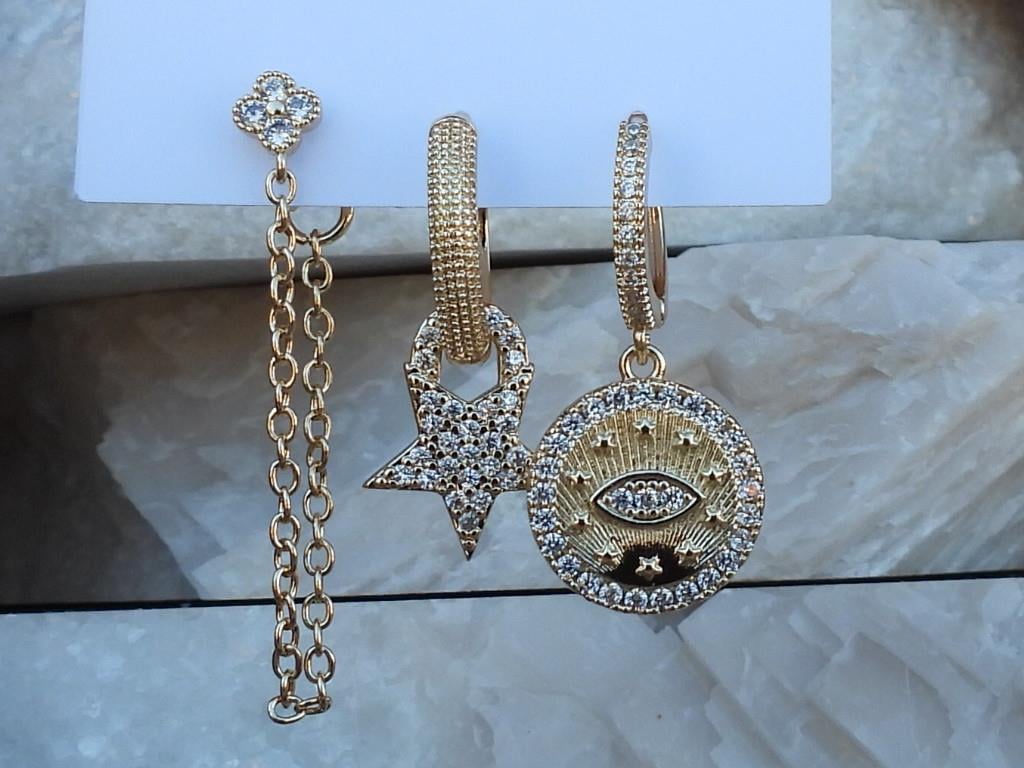 Zirkon Taşlı Charm & Zincir Model 3 lü Set Çelik Küpe