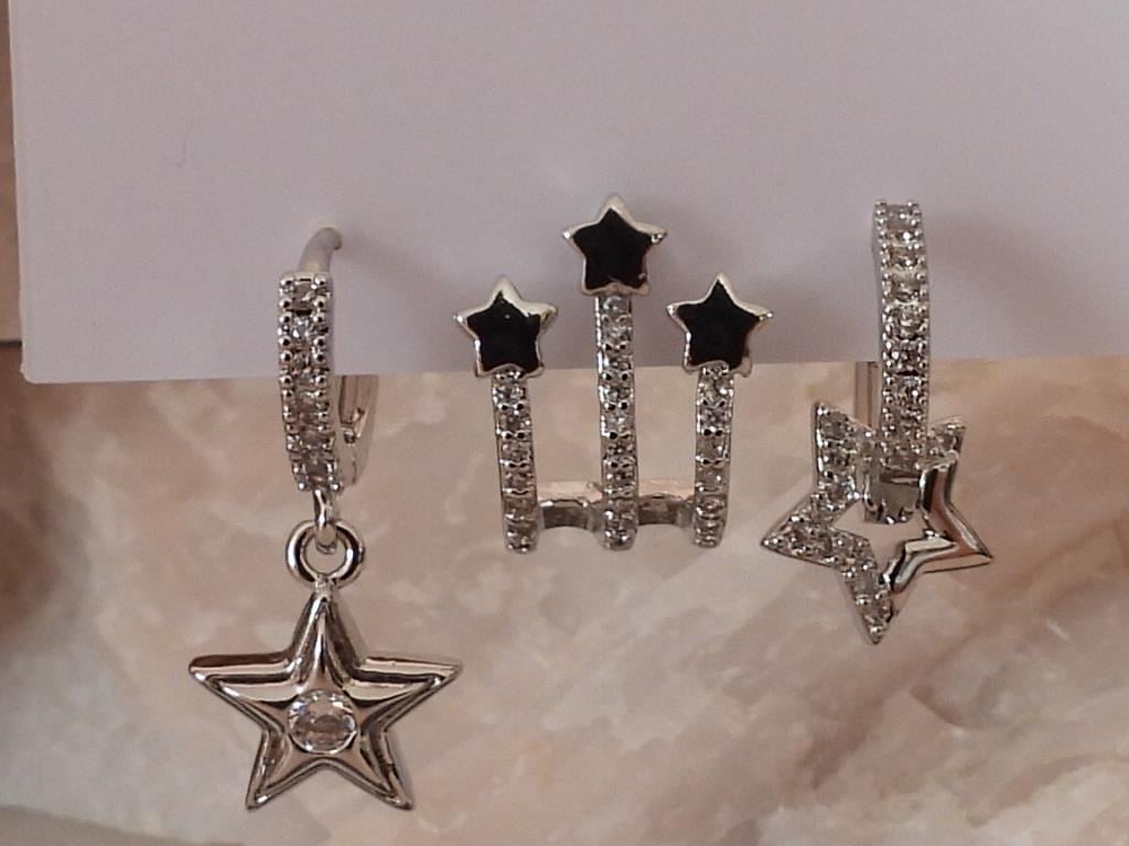 Zirkon Taşlı Çoklu Yıldız Model 3lü Set Çelik-YSX Küpe Silver