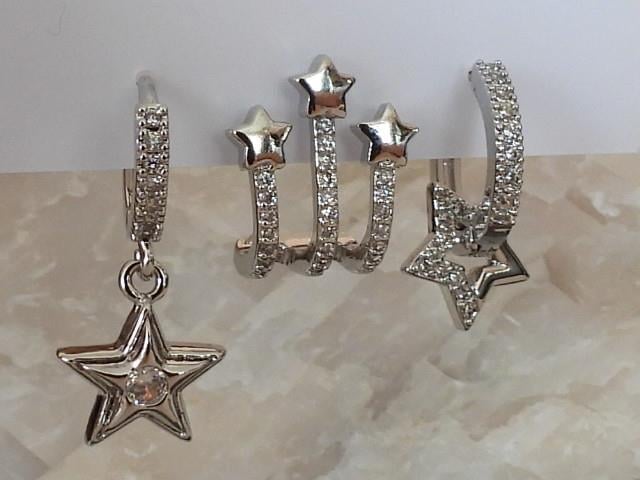 Zirkon Taşlı Çoklu Yıldız Model 3lü Set Çelik-YSX Küpe Silver