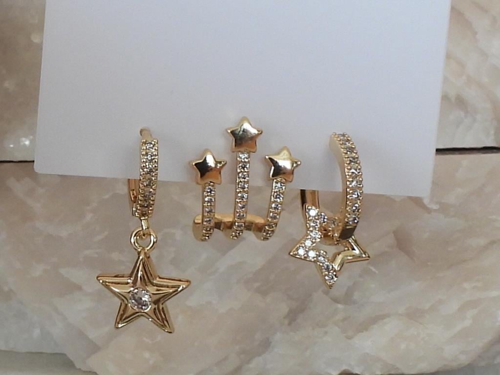 Zirkon Taşlı Çoklu Yıldız Model 3lü Set Çelik-YSX Küpe Gold