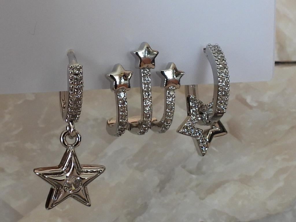 Zirkon Taşlı Çoklu Yıldız Model 3lü Set Çelik-YSX Küpe Silver