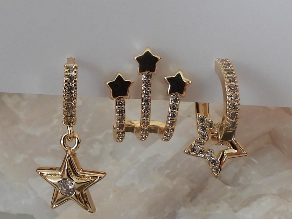 Zirkon Taşlı Çoklu Yıldız Model 3lü Set Çelik-YSX Küpe Gold