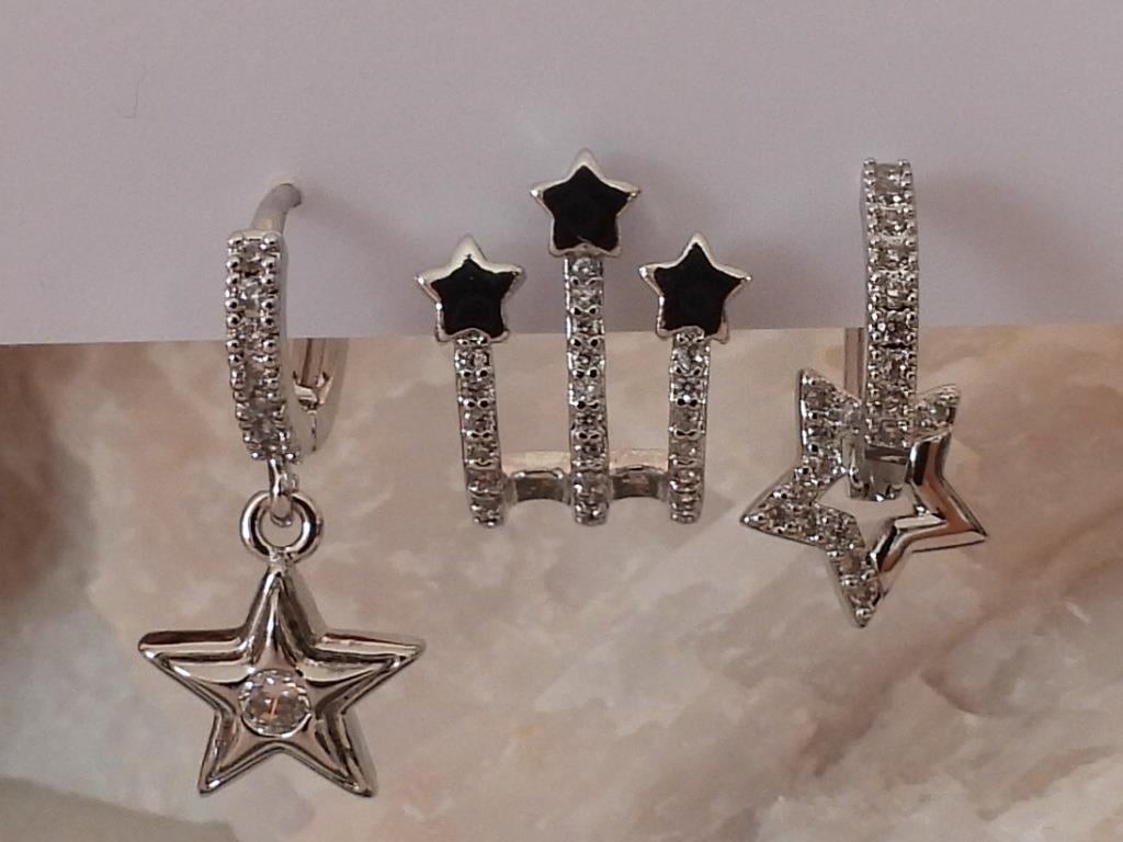 Zirkon Taşlı Çoklu Yıldız Model 3lü Set Çelik-YSX Küpe Silver