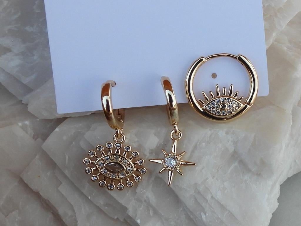 Zirkon Taşlı Göz Model 3 lü Set Çelik Halka Küpe
