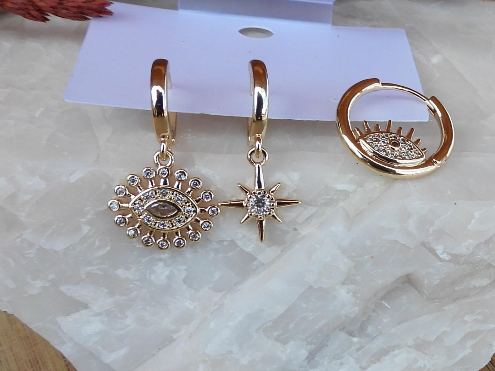 Zirkon Taşlı Göz Model 3 lü Set Çelik Halka Küpe