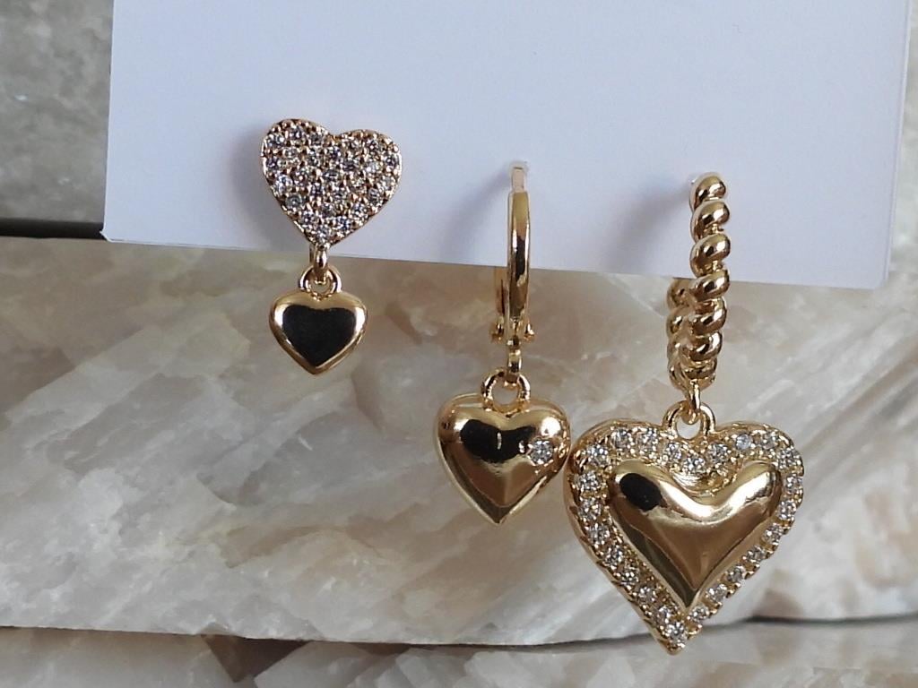 Zirkon Taşlı Kalp 3lü Set Çelik-YSX Küpe Gold