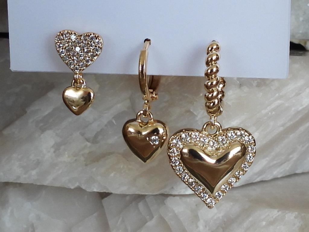 Zirkon Taşlı Kalp 3lü Set Çelik-YSX Küpe Gold