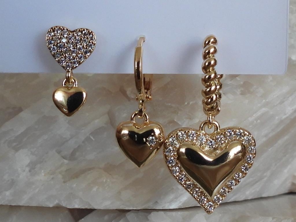 Zirkon Taşlı Kalp 3lü Set Çelik-YSX Küpe Gold