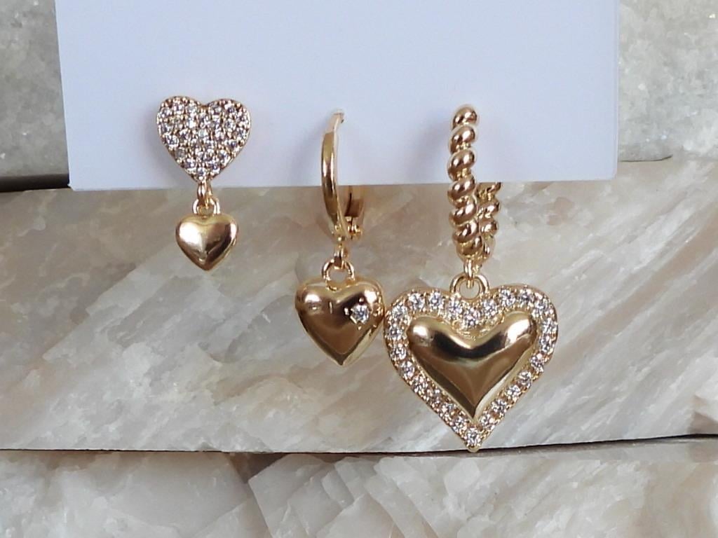 Zirkon Taşlı Kalp 3lü Set Çelik-YSX Küpe Gold