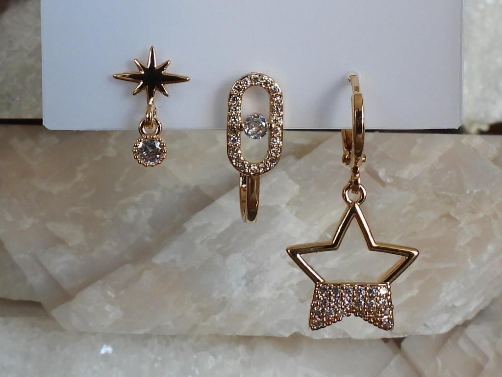 Zirkon Taşlı Yıldız 3lü Set Çelik-YSX Küpe Gold
