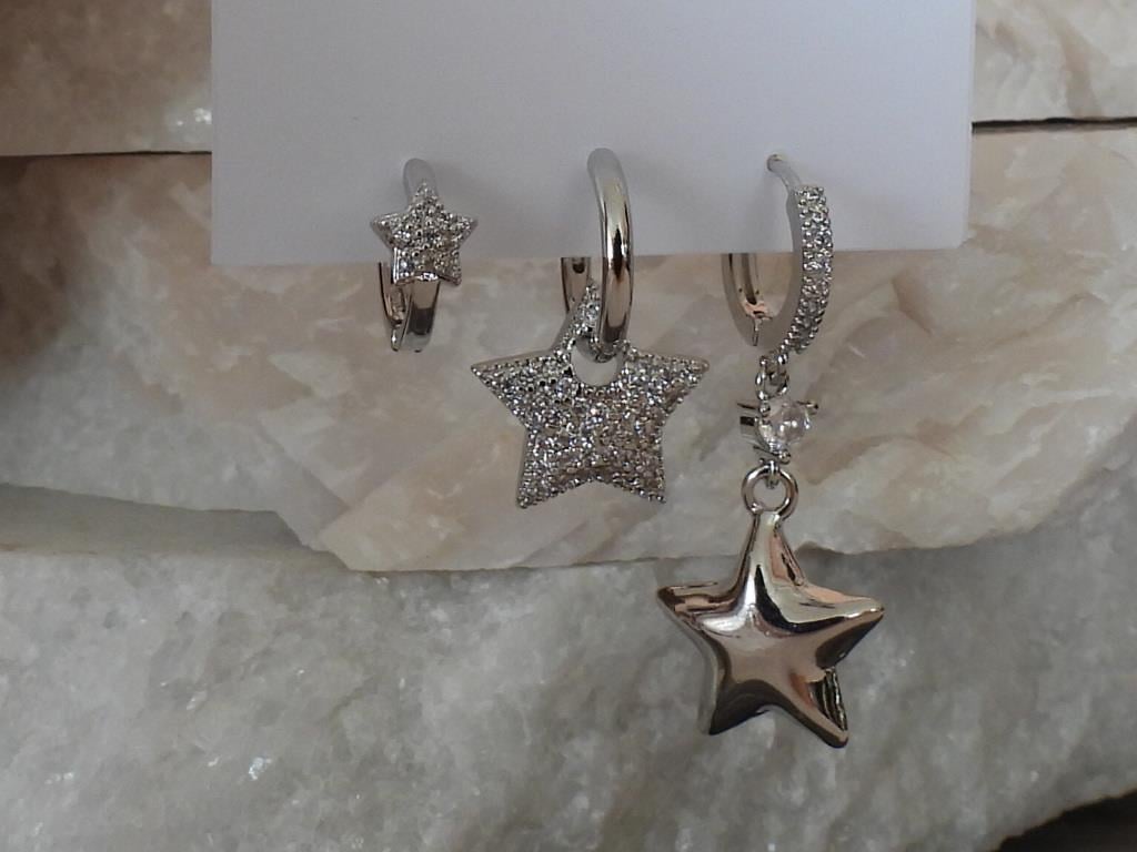 Zirkon Taşlı Yıldız 3lü Set Çelik-YSX Küpe Silver