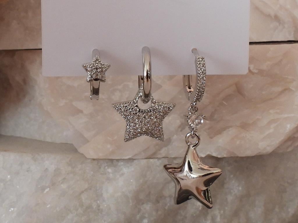 Zirkon Taşlı Yıldız 3lü Set Çelik-YSX Küpe Silver