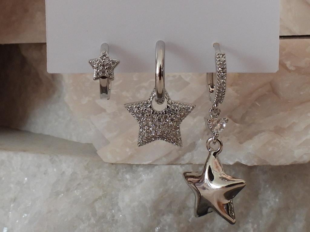 Zirkon Taşlı Yıldız 3lü Set Çelik-YSX Küpe Silver