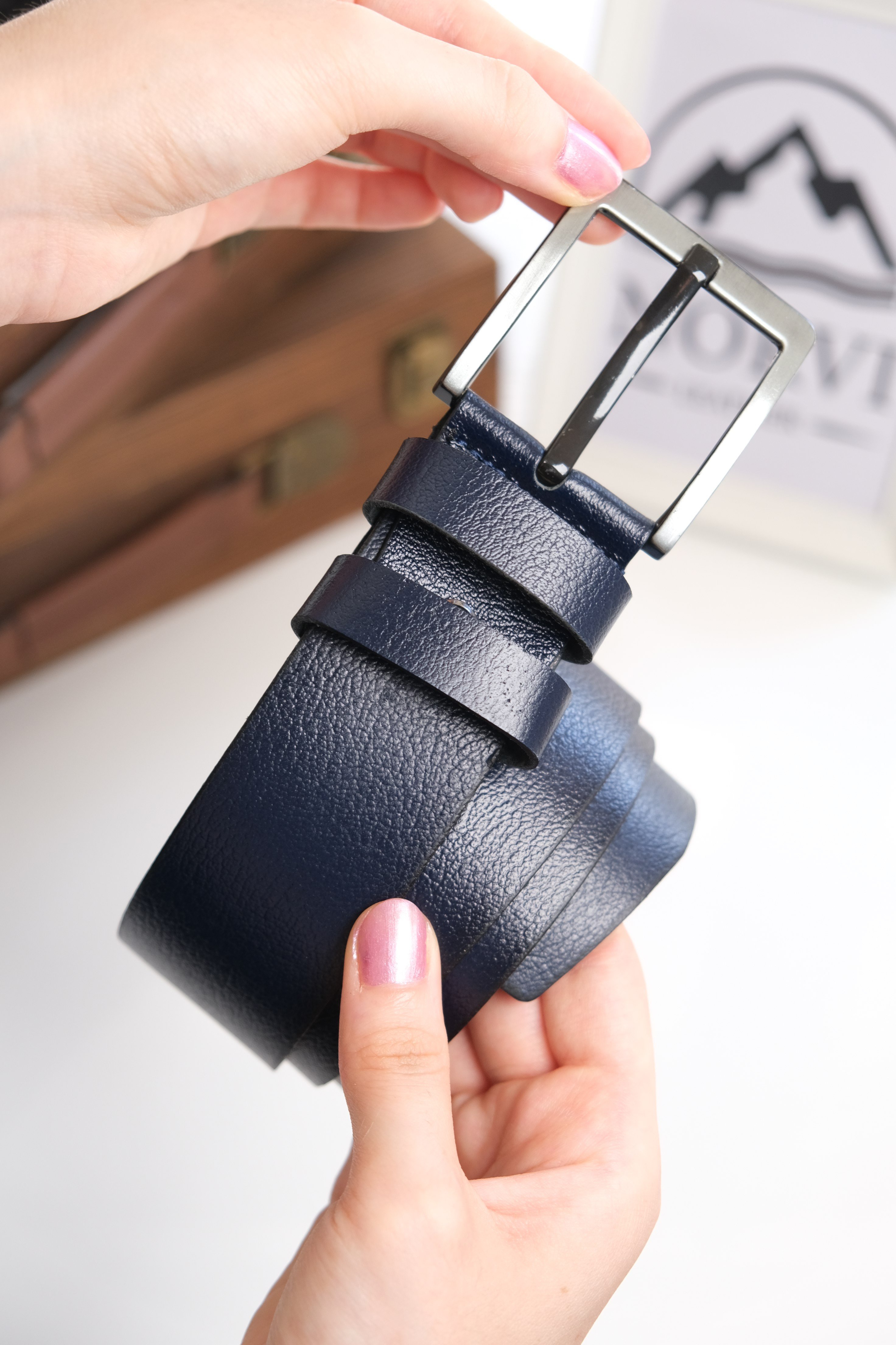 Deri KemerlerHakiki Deri Cüzdan Kumaş Pantolon Uyumlu Lacivert 3.5 cm 1081